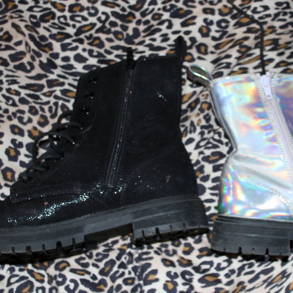 So Meela black glitter and holographic metallic boots